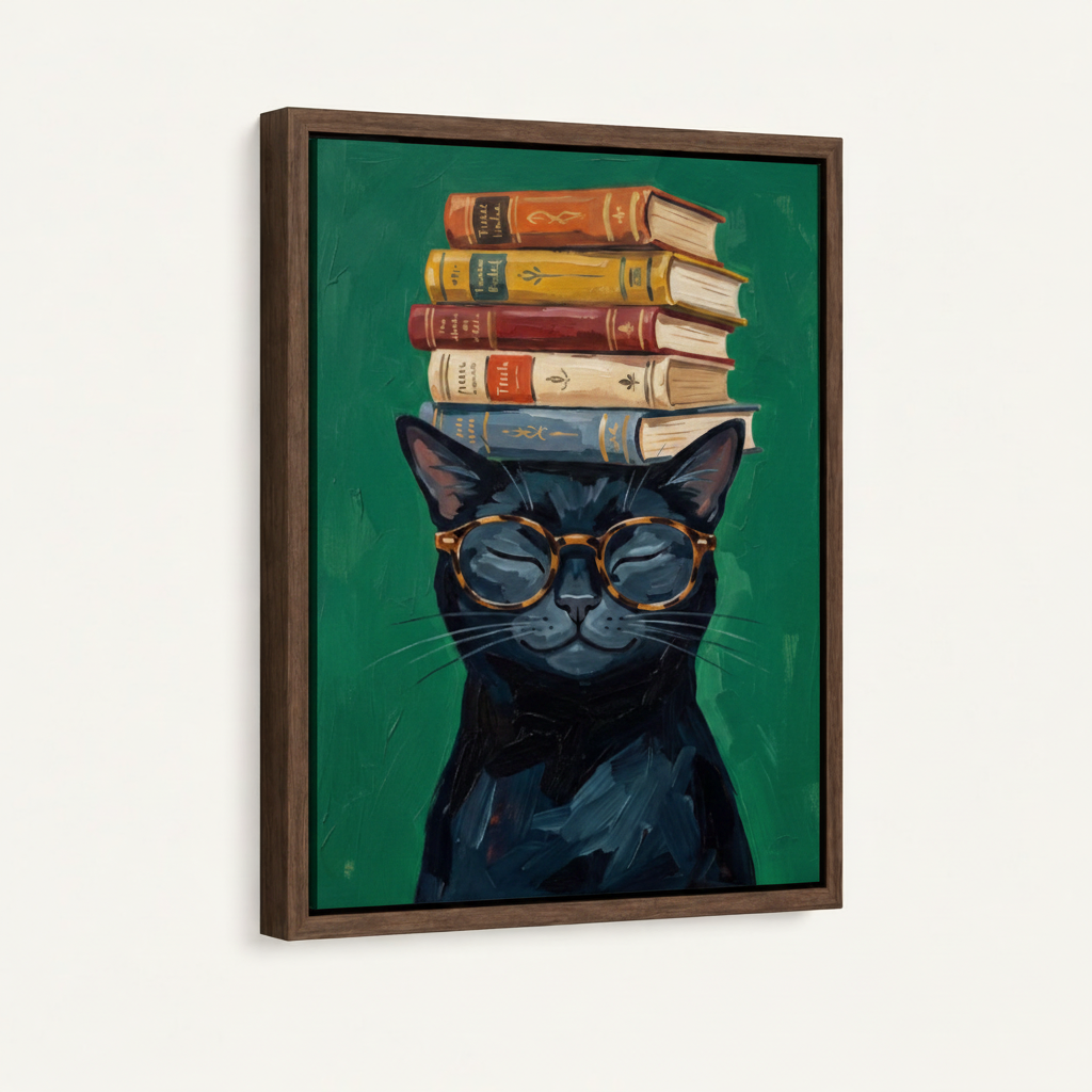  Black cat stacked books framed canvas art with dark walnut frame on white background side angle
