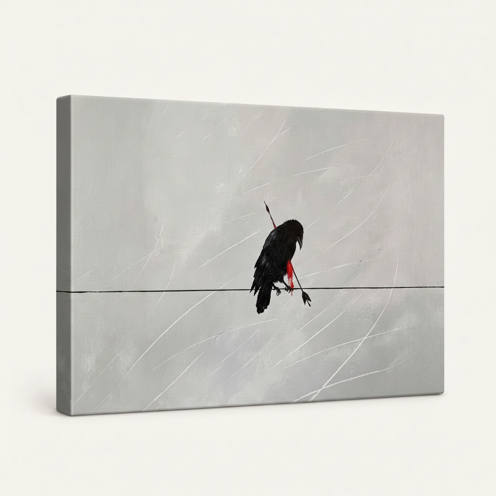 Gallery-wrapped dark raven canvas print shown at angle revealing grey-toned thick canvas sides