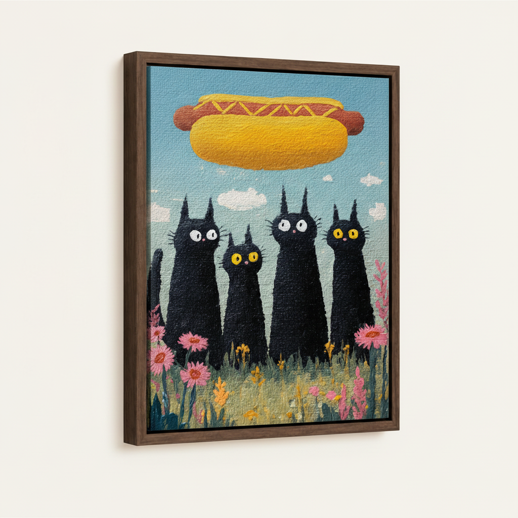 Black cat whimsical painting in dark walnut float frame, angled product view