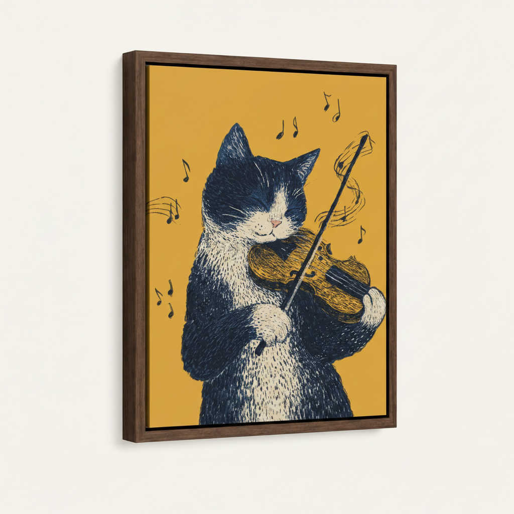 Framed illustration canvas of cat playing violin with warm amber background