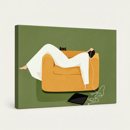 Gallery-wrapped cozy minimalist illustration canvas, angled view showing wrap edges on white background