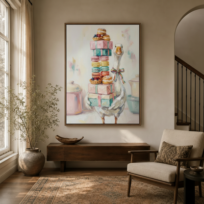 Whimsical goose macarons pastel canvas in dark walnut frame displayed in warm neutral modern entryway