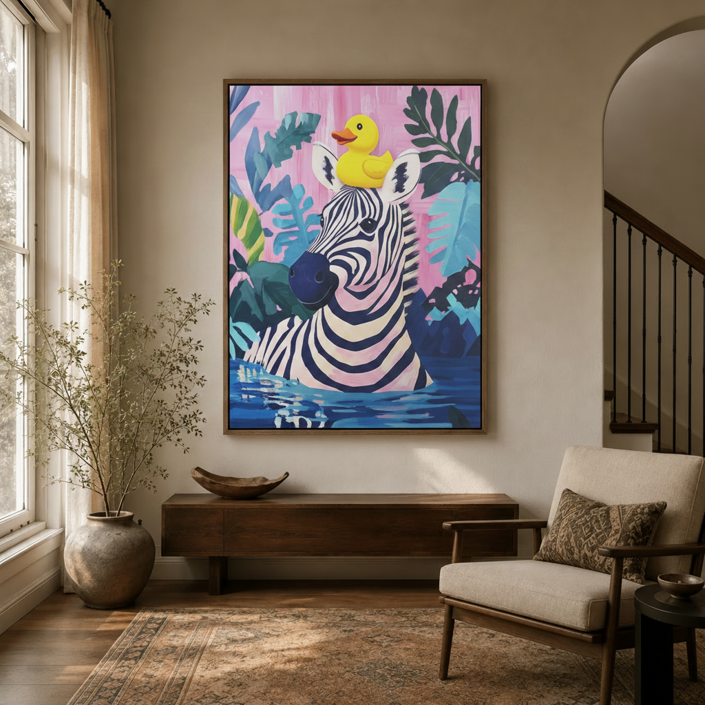 Playful zebra rubber duck wall art displayed in bright entryway above console table