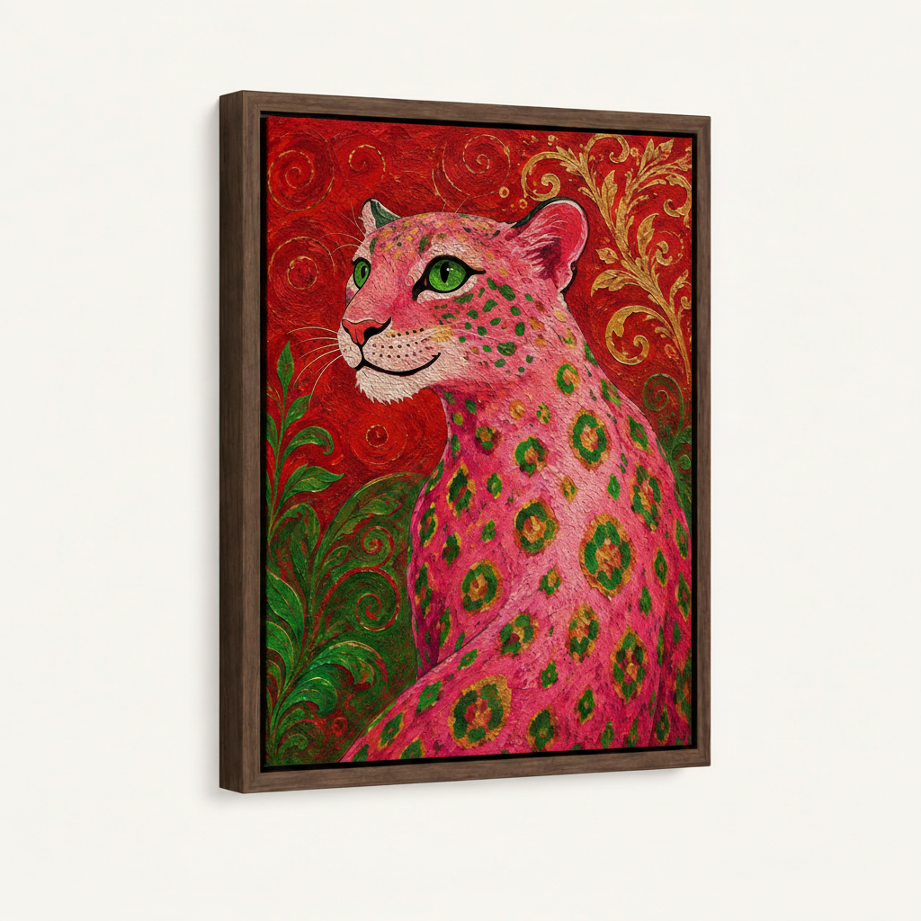 Pink leopard baroque botanical canvas print in dark walnut floating frame front view on clean white background