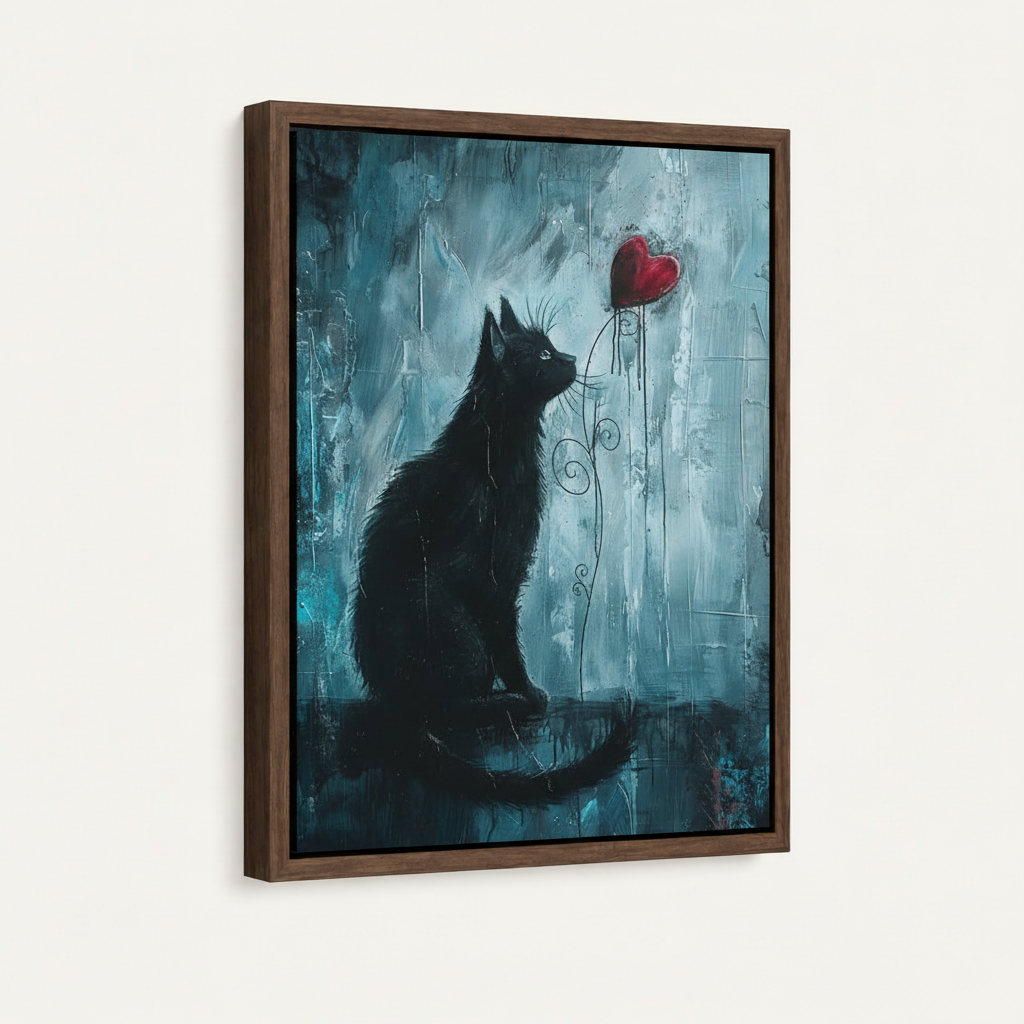 Framed black cat gazing at red heart balloon canvas print with dark walnut frame, angled side view on white background