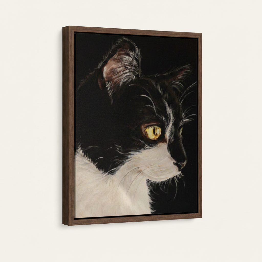 Framed tuxedo cat oil painting canvas with walnut float frame, 45-degree angle