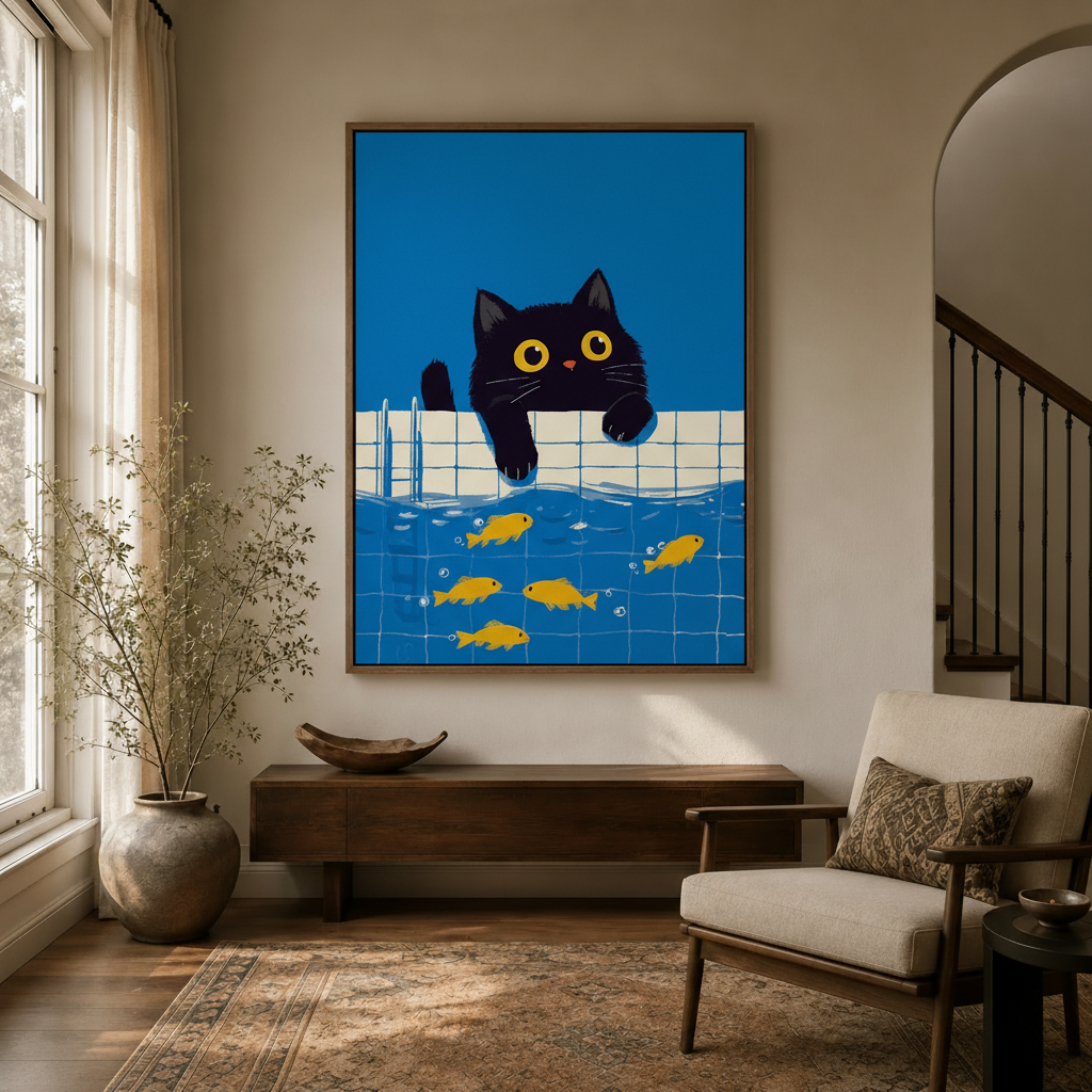 Bold graphic cat canvas wall art displayed in warm entryway with arched doorway