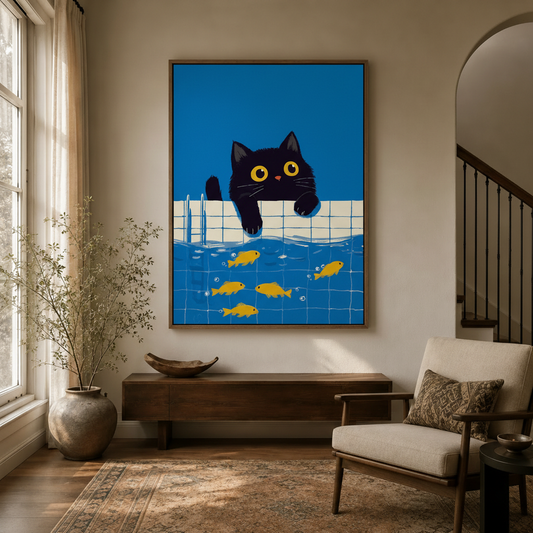 Bold graphic cat canvas wall art displayed in warm entryway with arched doorway