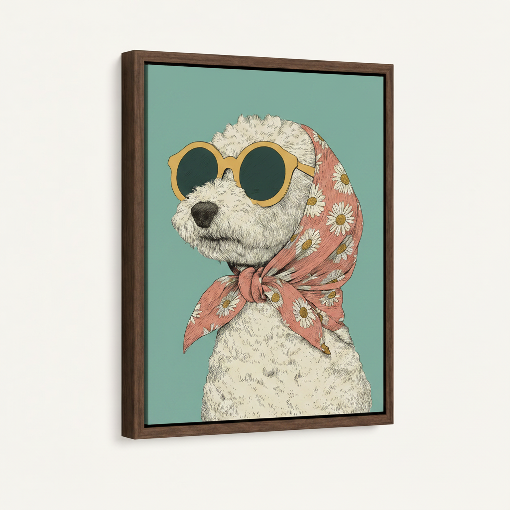 Framed vintage poodle print in walnut float frame shown on white background, angled product view