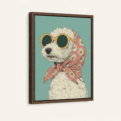 Framed vintage poodle print in walnut float frame shown on white background, angled product view
