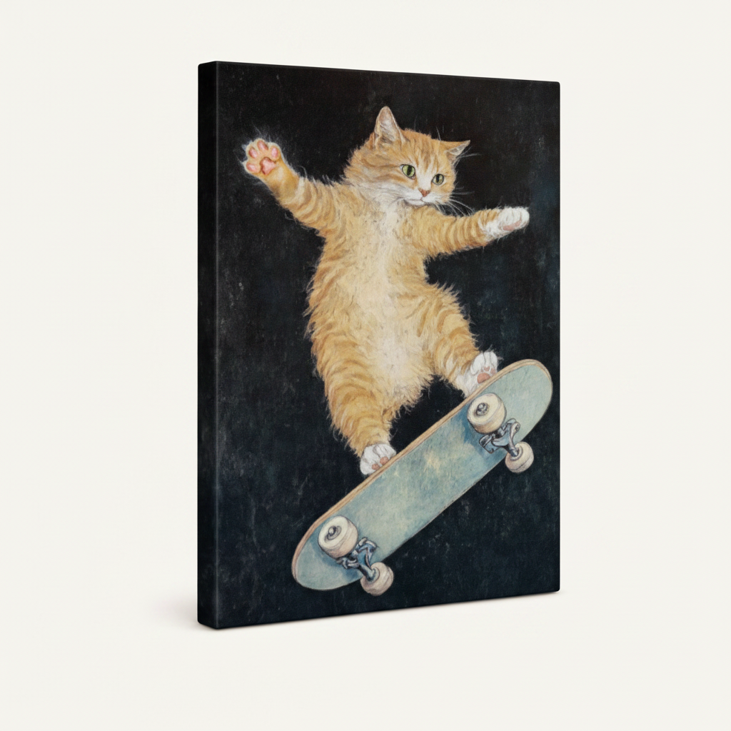 Gallery-wrapped skateboarding cat oil painting canvas, dark charcoal background, frameless angled shot