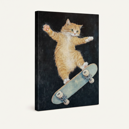Gallery-wrapped skateboarding cat oil painting canvas, dark charcoal background, frameless angled shot