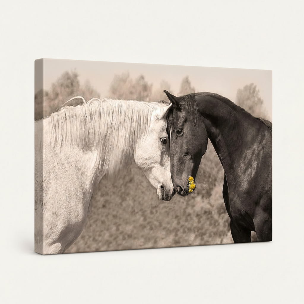 Gallery-wrapped equestrian canvas art of two horses touching noses shown at angle on clean white background