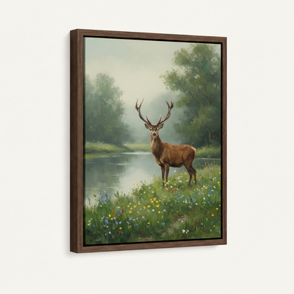 Red deer stag by river with wildflowers classical oil painting canvas print in dark walnut floating frame