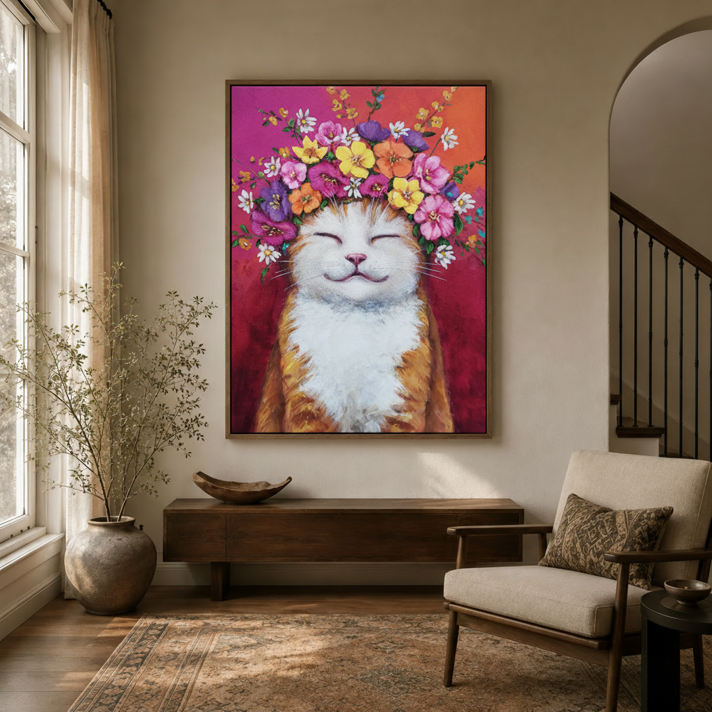 Vibrant floral cat wall art styled in an elegant entryway with arched doorway and warm lighting