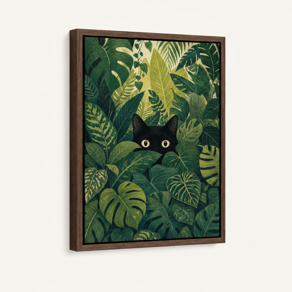 Float frame canvas wall art featuring black cat in tropical leaves with dark walnut wood frame