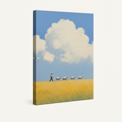 Gallery-wrapped minimalist shepherd and sheep canvas art showing canvas sides on white background