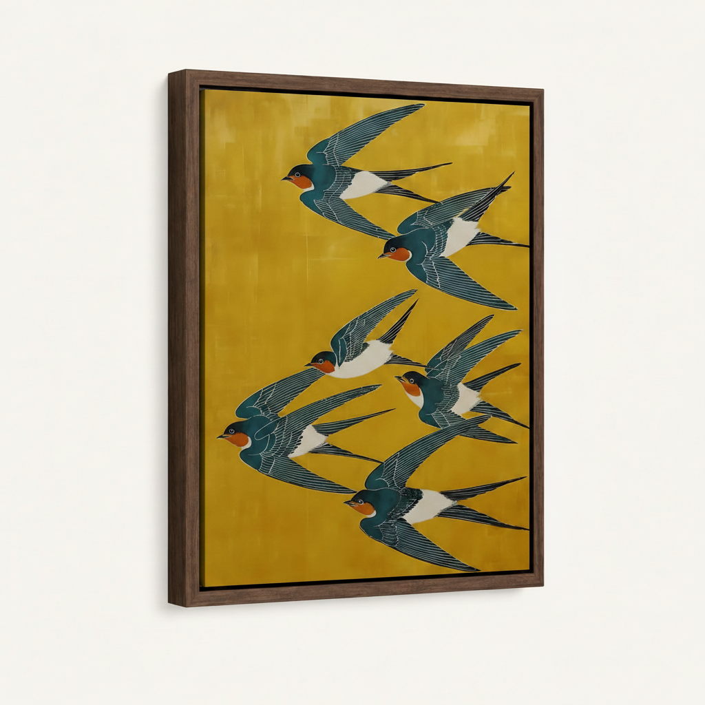 Close-up side angle of framed barn swallow canvas showing teal birds in diagonal flight on golden ochre background