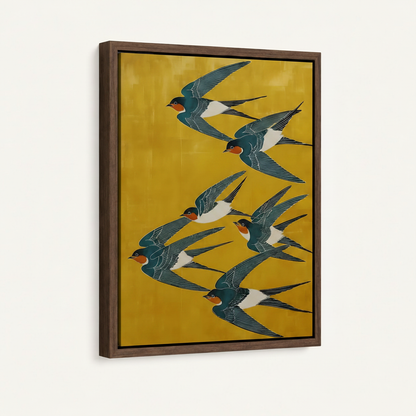 Close-up side angle of framed barn swallow canvas showing teal birds in diagonal flight on golden ochre background