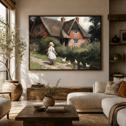 Nostalgic girl geese cottage canvas wall art above sideboard in bright Japandi living room white sofa