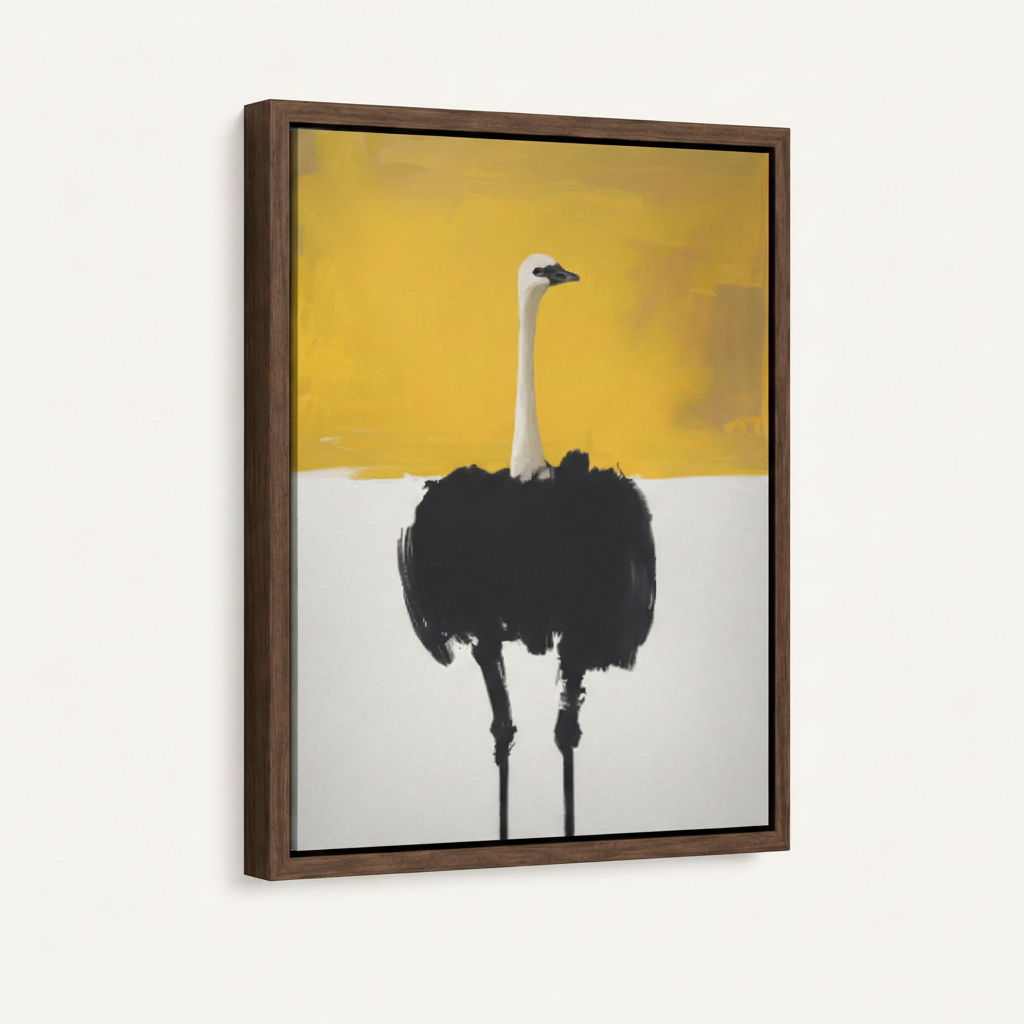 Ostrich minimalist oil painting in dark walnut float frame on off-white wall, angled side view