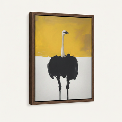 Ostrich minimalist oil painting in dark walnut float frame on off-white wall, angled side view
