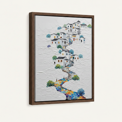 Framed impasto village oil painting in dark walnut float frame, front-facing product display
