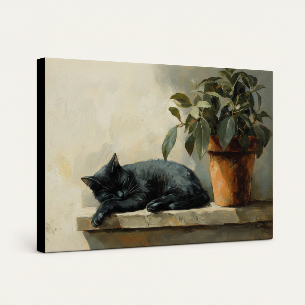 Gallery-wrapped black cat canvas print displayed at angle on white background