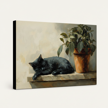 Gallery-wrapped black cat canvas print displayed at angle on white background