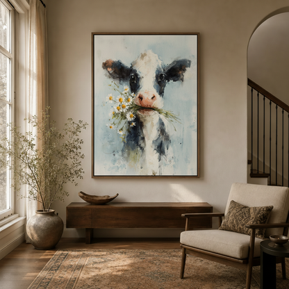 Watercolor cow daisy canvas art in walnut frame displayed in bright modern entryway