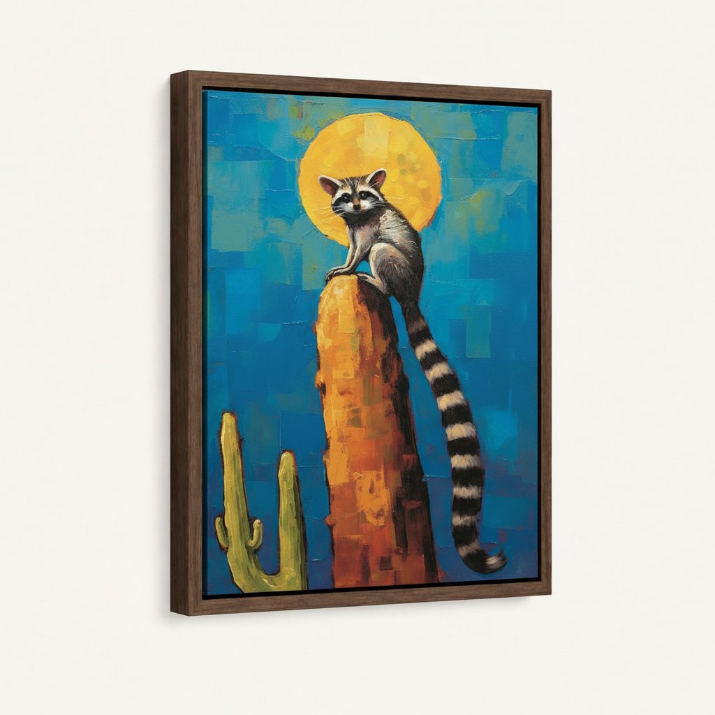 Desert raccoon cactus painting in dark walnut float frame canvas, right angle product view white background