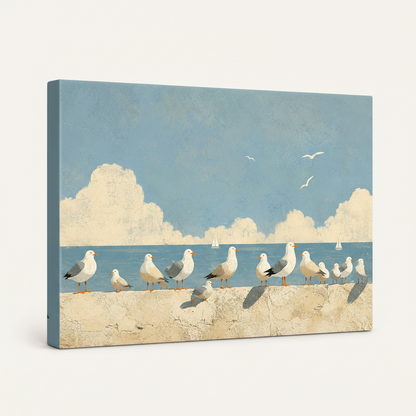 Gallery-wrapped coastal seagull canvas print, side angle showing sky blue canvas depth and wrap