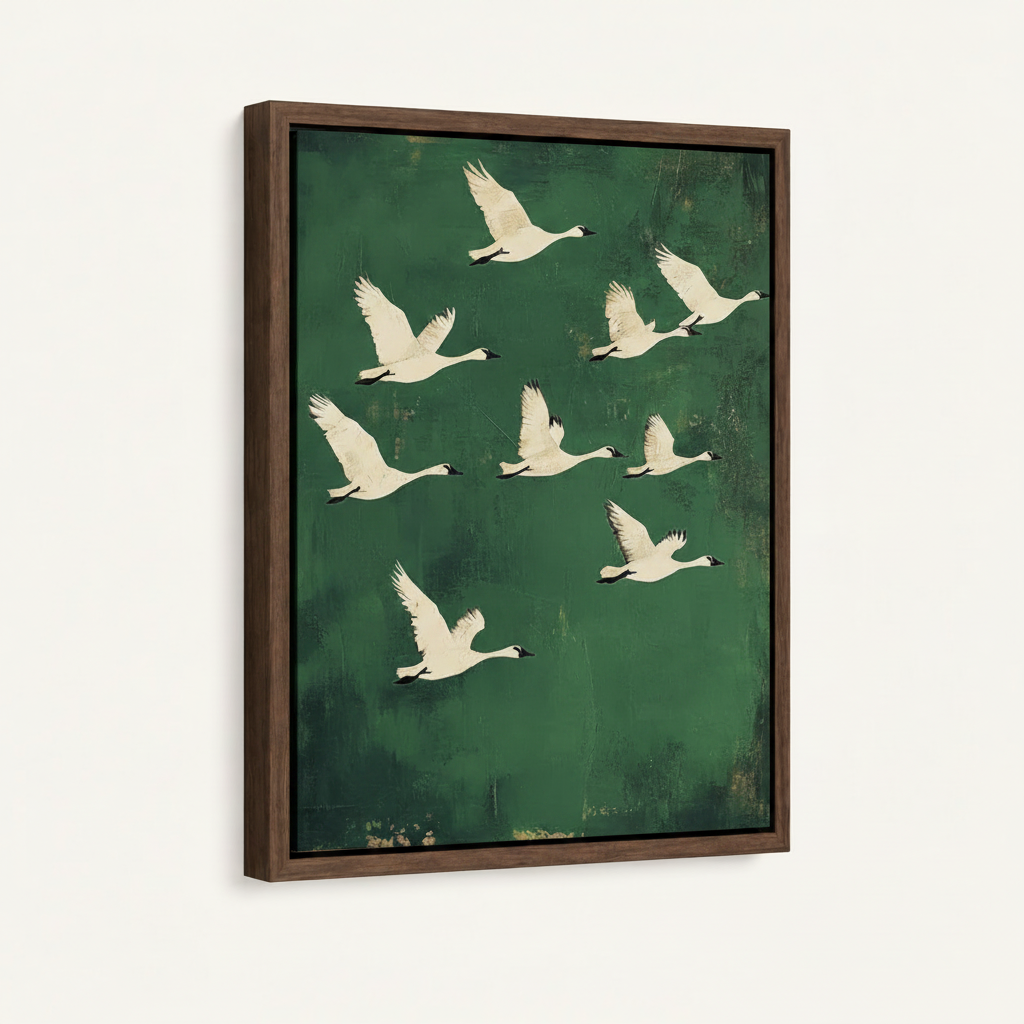 Framed white swan canvas wall art with dark walnut float frame on off-white studio background