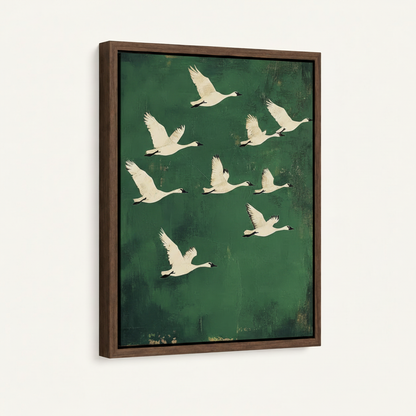 Framed white swan canvas wall art with dark walnut float frame on off-white studio background