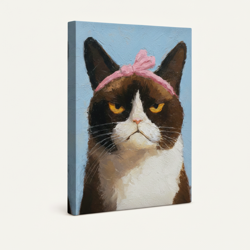 Gallery-wrapped grumpy cat canvas art, frameless side view on off-white background