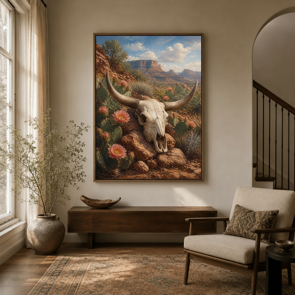 Longhorn skull Southwestern canvas in walnut float frame displayed in entryway above console