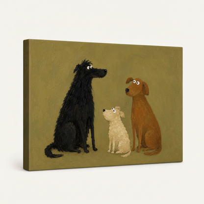 Gallery-wrapped whimsical dog trio canvas print, left-angle view showing thick canvas wrap on white background