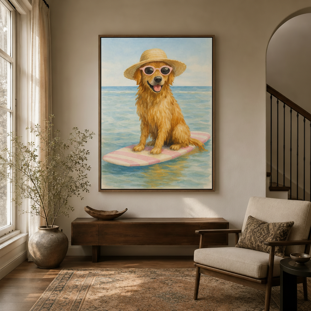 Smiling golden retriever beach canvas in walnut float frame displayed in bright modern entryway