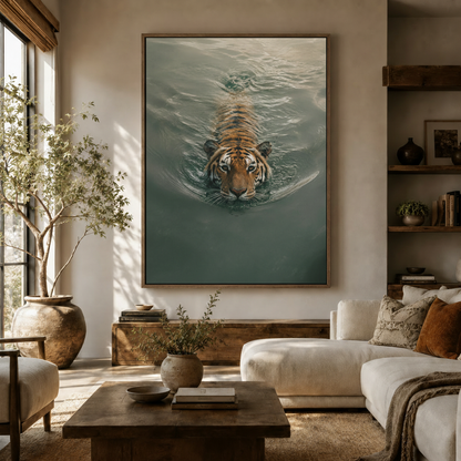 Bold wildlife tiger painting displayed above white sofa in sunlit organic modern living room