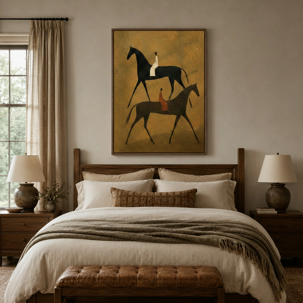 Equestrian horse and rider canvas art above wooden bed in earth-tone bedroom with linen bedding and ceramic lamps