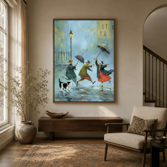 Dancing in the rain vintage canvas wall art in walnut frame above console table in warm neutral entryway