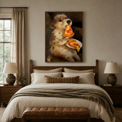 Framed dog eating pizza oil painting canvas art above wooden bed in farmhouse bedroom with ceramic lamps and linen bedding