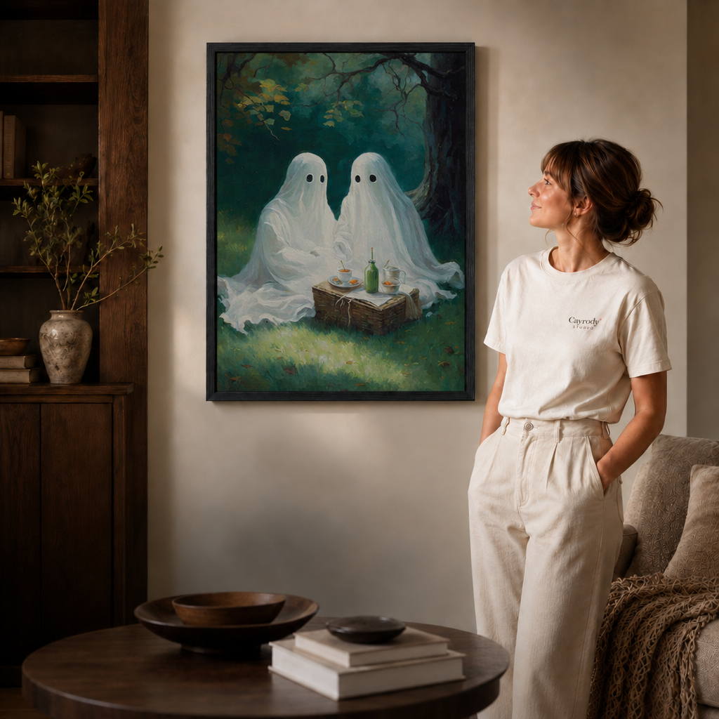 Atmospheric Halloween canvas wall art showing a luminous ghost framed by an old window and dusky room.