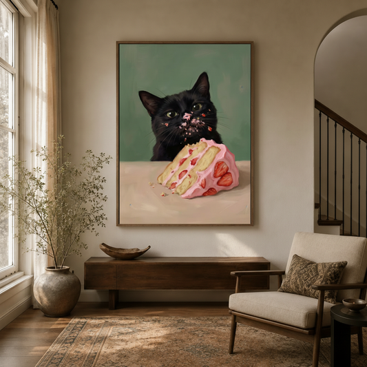 Funny black cat stealing strawberry cake canvas wall art in walnut frame above console table in warm neutral entryway