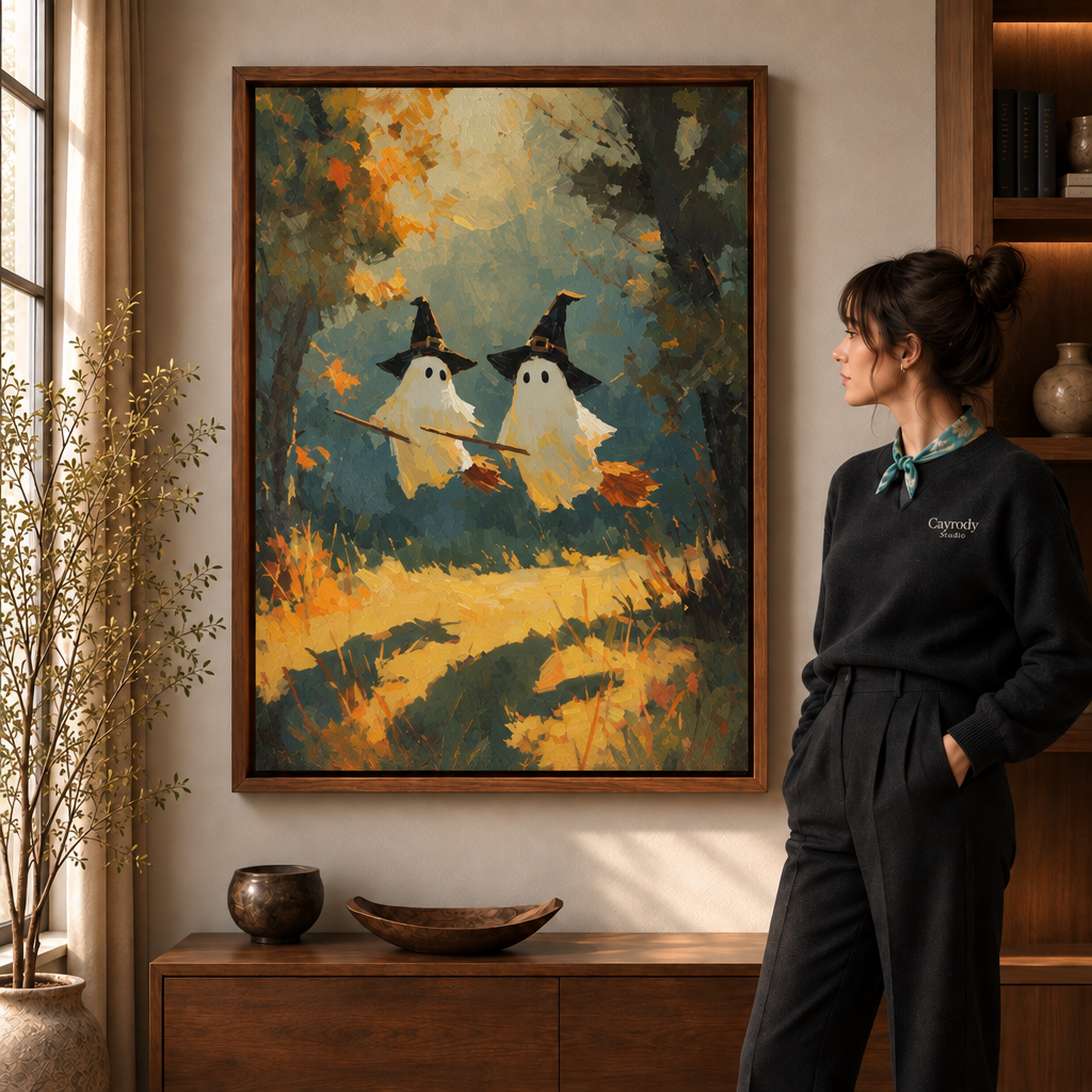 White ghost hugging a black cat on a warm wood-plank wall in painterly Halloween canvas art.
