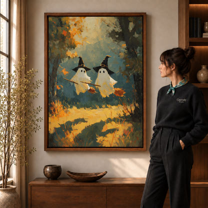 White ghost hugging a black cat on a warm wood-plank wall in painterly Halloween canvas art.