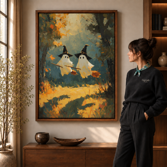 White ghost hugging a black cat on a warm wood-plank wall in painterly Halloween canvas art.