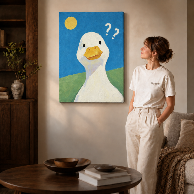 Black-framed duck canvas wall art featuring two question marks above a sofa in a neutral living room.