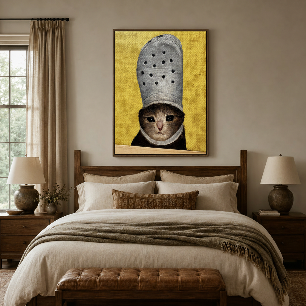 Framed funny cat portrait canvas art above wooden bed in farmhouse bedroom with ceramic lamps and linen bedding