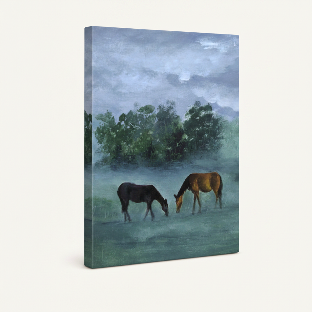 Gallery-wrapped canvas side view of pastoral horse painting showing misty teal meadow wrapping around canvas edges